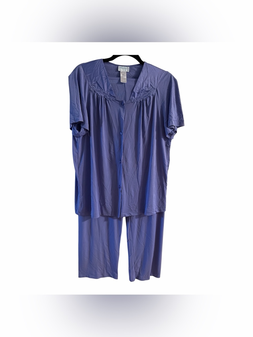 Vintage Vanity Fair Pajama Set Size M Blue Short Sleeve Top & Pants Embroidered
